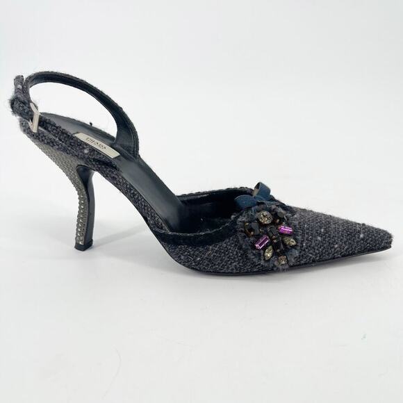 Vintage Prada Gray Tweed Crystal Bow Detail Slingback Pointed Toe Heels IT 38.5 - Picture 2 of 11